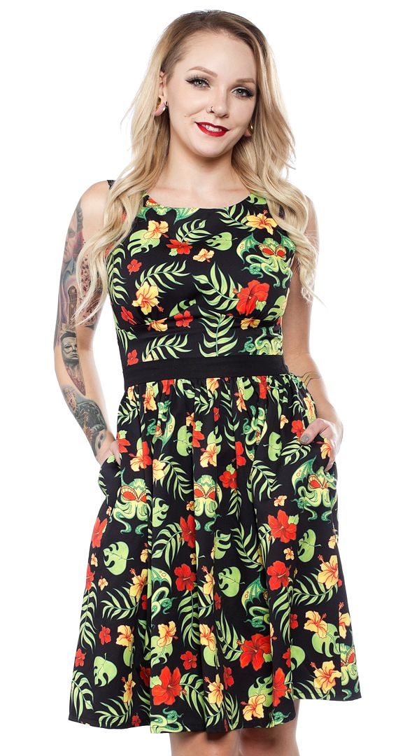 SOURPUSS TROPICTHULHU SHIFT DRESS Printing Skirt, Billy Kid, Sourpuss Clothing, Floral Chiffon Dress, Rockabilly Pin Up, Tiki Party, Jumper Skirt, Summer Soiree, Diy Jewelry Findings