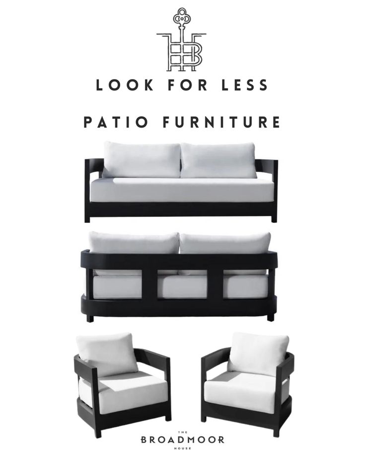 an advertisement for a patio furniture store with black and white couches, pillows, and cushions