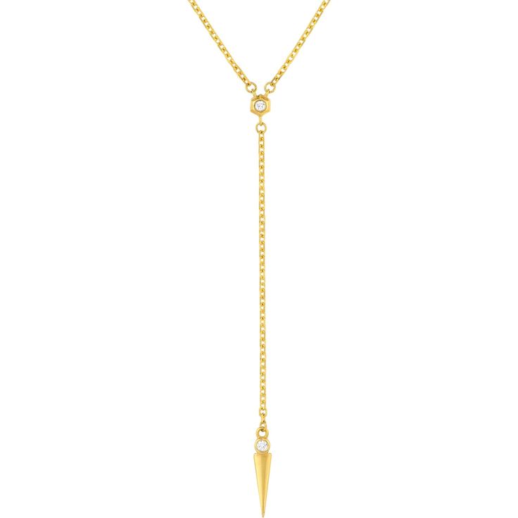 Witness the fusion of tradition and modernity with the Diamond Multi Layered Lariat Spike Necklace by Olas d'Oro. This exquisite piece of fine jewelry is a fusion of art and elegance, designed to elevate your style to new heights. Crafted in 14K yellow gold, this lariat necklace is a celebration of craftsmanship and sophistication.The necklace features three stunning 3pt diamonds that add a touch of brilliance and luxury to any ensemble. Its multi-layered design allows for effortless layering, m Gold Diamond Necklace With Long Drop, Yellow Gold Long Drop Backdrop Necklace For Formal Events, Formal Yellow Gold Long Drop Backdrop Necklace, Formal Long Drop Yellow Gold Backdrop Necklace, Fine Jewelry Long Drop Necklace With Adjustable Chain, Gold Long Drop Diamond Necklace As A Gift, Wedding Diamond Lariat Necklace With Adjustable Chain, Wedding Lariat Diamond Necklace With Adjustable Chain, Yellow Gold Lariat Drop Necklace In Fine Jewelry Style