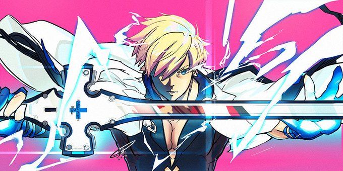 an anime character holding two swords in front of a pink background with white and blue streaks