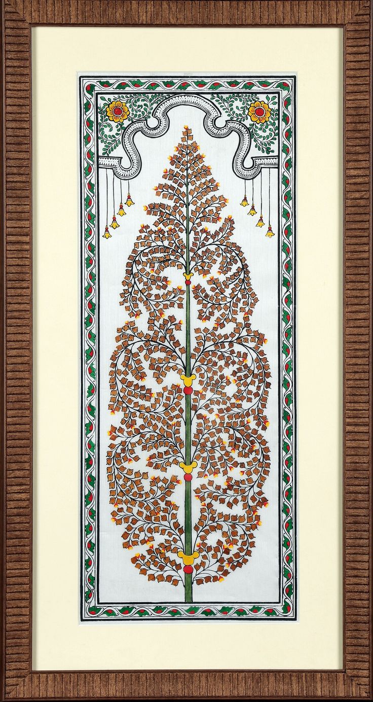 an intricately decorated tree with birds and flowers in the center is framed by a brown frame