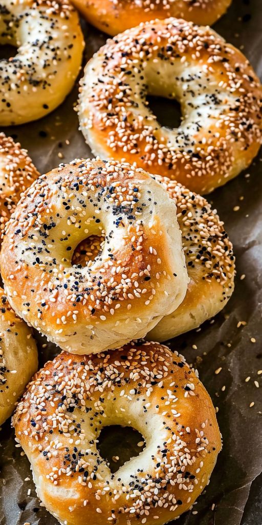 bagels with sesame seeds and poppy seeds are on a baking sheet, ready to be baked