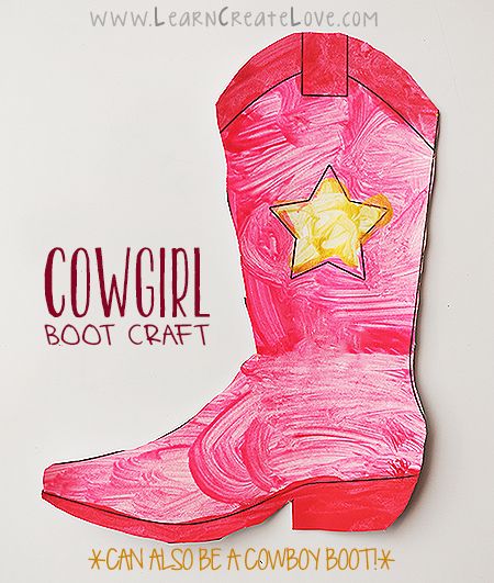 a drawing of a pink cowboy boot with a yellow star on the side and text cowgirl boot craft