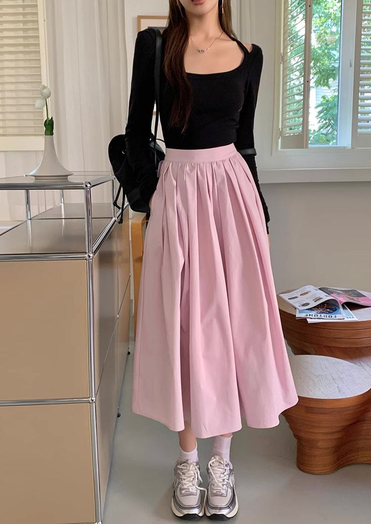 The perfect pink midi skirt for spring! With a pleated flare silhouette, side pockets and concealed back zipper, this skirt mixes and matches easily, and looks cute all day. Lined. S: 25" waist, 29.5" lengthM: 26.5" waist, 29.5" lengthL: 28" waist, 30" lengthXL: 29.5" waist, 30" length Pink Feminine Outfits, Pink Skirt Outfit Ideas, Pink Skirt Outfit, Pink Skirt Outfits, Outfit Ideas Modest, Pink Feminine, Outfits Skirts, Pink Midi Skirt, Skirt Outfit Ideas