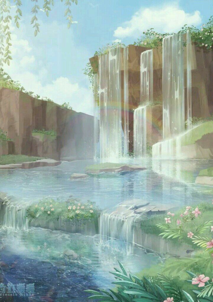 a painting of a waterfall in the middle of a forest with lots of trees and flowers