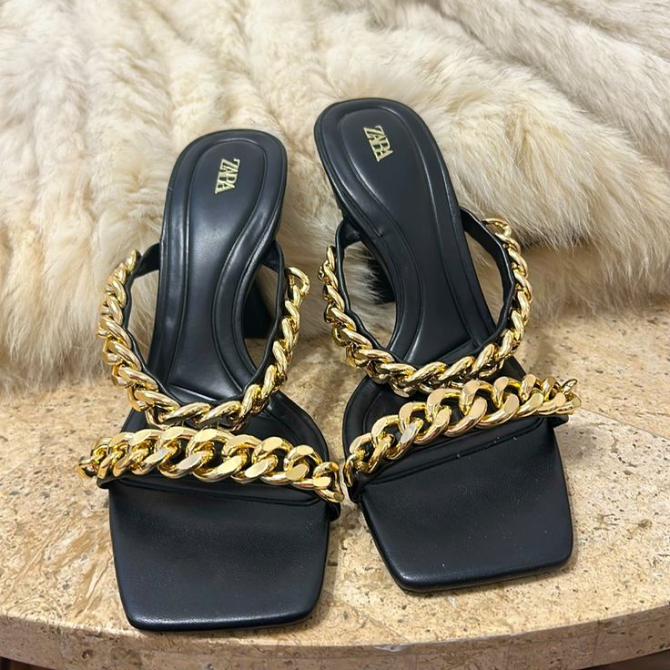 Zara Sandals New Without Tag Never Worn Amazing And Chic Chain Strap Open Toe Sandals For Night Out, Trendy Open Toe Sandals With Chain Strap, High Heel Sandals With Chain Strap For Night Out, Chic Chain Sandals For Spring, Trendy Chain Strap Sandals For Party, Chain Strap High Heel Sandals For Night Out, Party Open Toe Sandals With Chain Detail, Chic Gold Sandals With Chain Strap, Party Open Toe Sandals With Chain