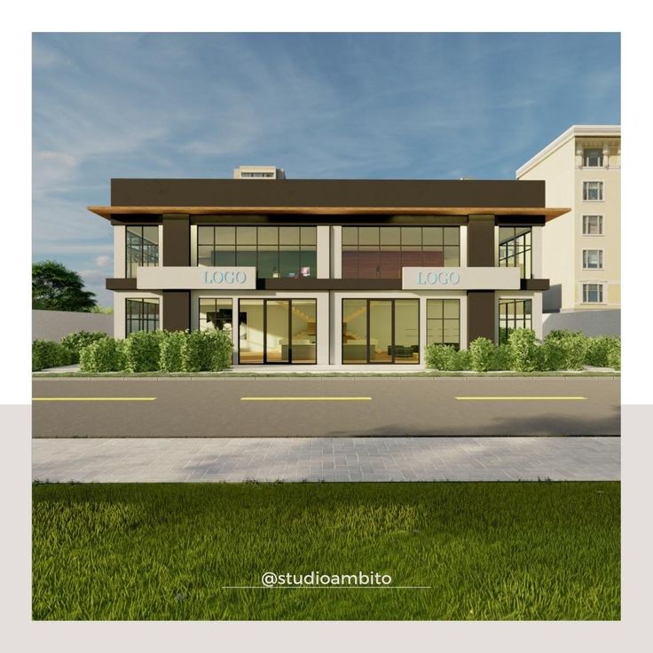 an artist's rendering of a building with windows and grass in front of it