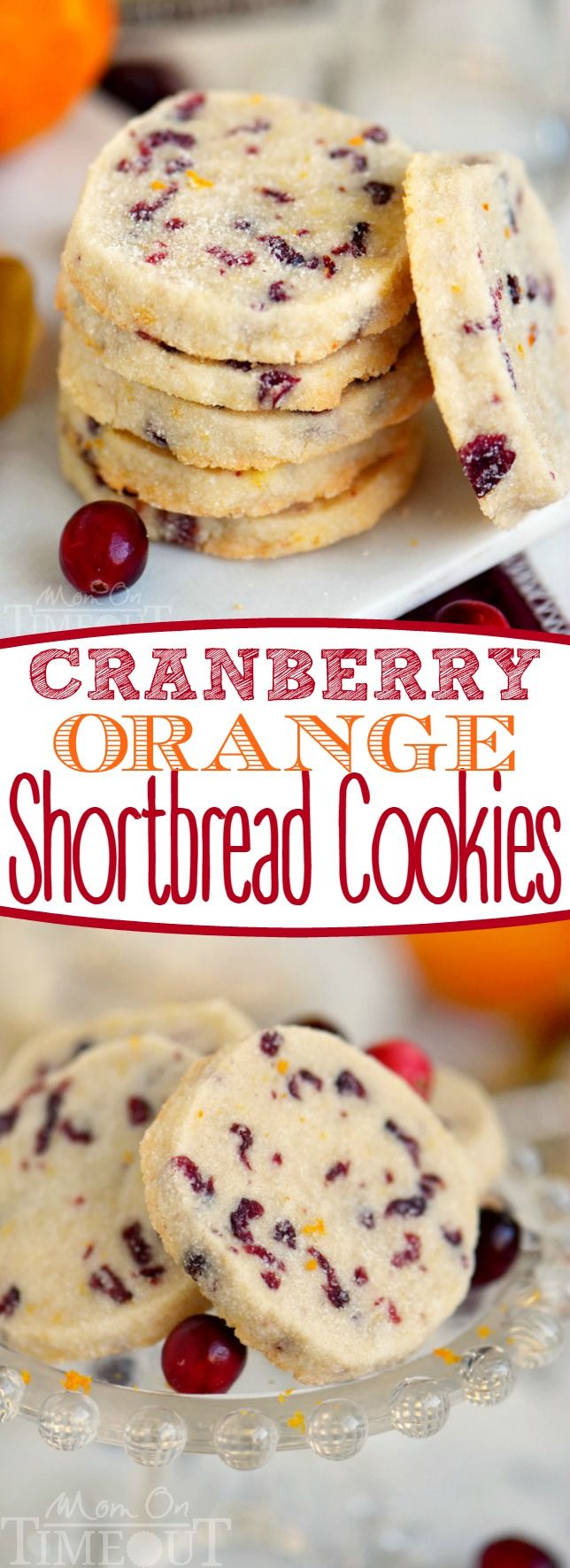 cranberry orange shortbread cookies on a white plate with the title overlay