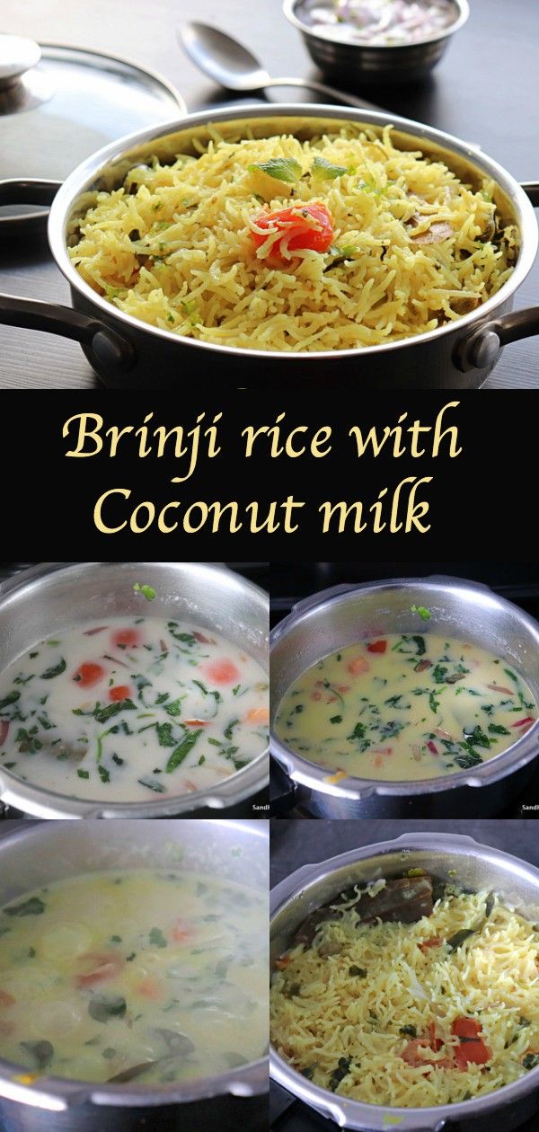 broccoli rice with coconut milk and other ingredients in pans on the table