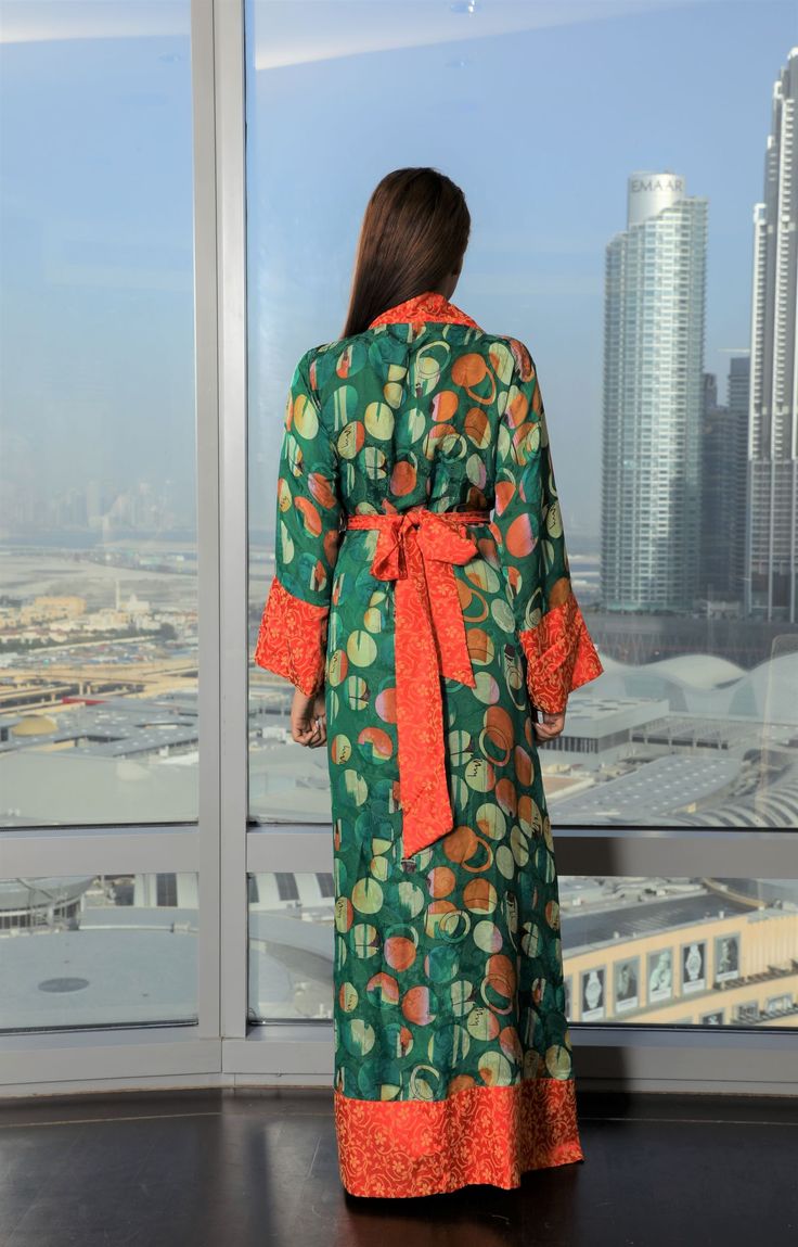 Silk green and orange kimono dress Elegant Green Wrap Kimono, Green Silk Kimono For Spring, Spring Green Silk Kimono, Green Kimono Sleeve Robe For Loungewear, Green Wrap Kimono For Loungewear, Green Robe With Kimono Sleeves For Loungewear, Green Kimono For Loungewear, Silk Kaftan Dress, Long Sleeve Dresses Fall