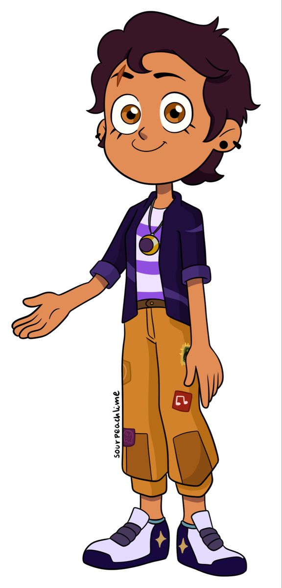 a cartoon boy with big eyes and brown pants