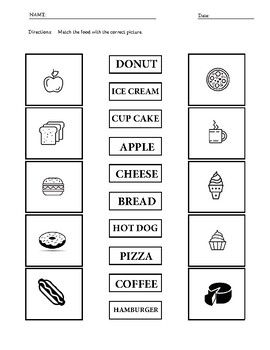 the food and drinks worksheet is shown in black and white, including donuts,