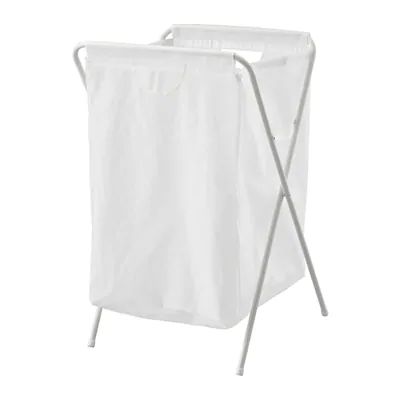 a white laundry hamper with two handles and a bag on the back, against a white background