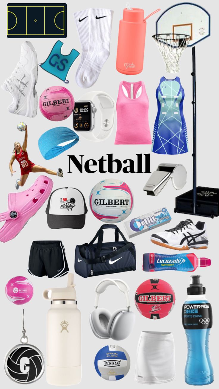 a collage of various sports items including shoes, water bottles and basketball hoops