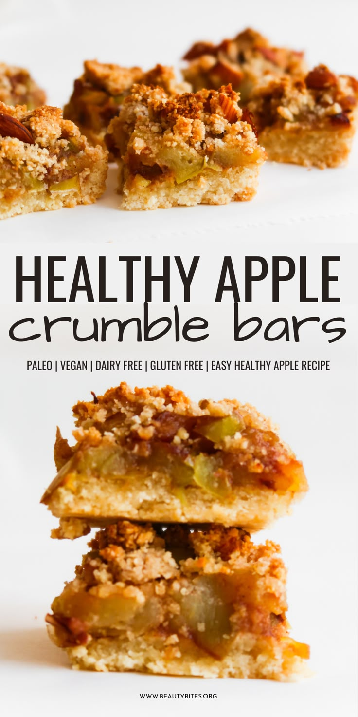 healthy apple crumble bars stacked on top of each other with text overlay that reads, healthy apple crumble bars