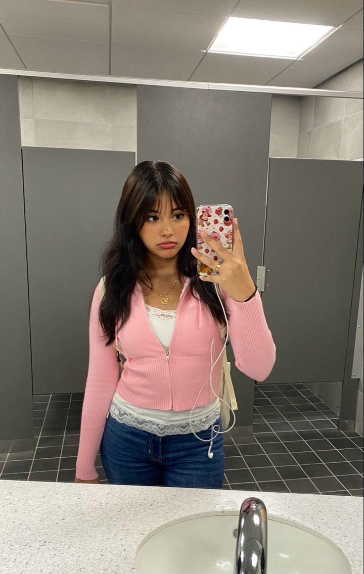 Outfits With Pink Zip Up Hoodie, Cute Fall Outfits Coquette, Pink Outfits With Skirts, Pink Ribbed Top Outfit, Pink And Blue Jeans Outfit, Pink Off The Shoulder Top Outfit, Pink Outfits For Winter, Coquette College Outfits, Light Pink Long Sleeve Shirt Outfit