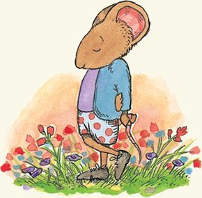 a drawing of a mouse in the grass with flowers behind him and an umbrella over his head