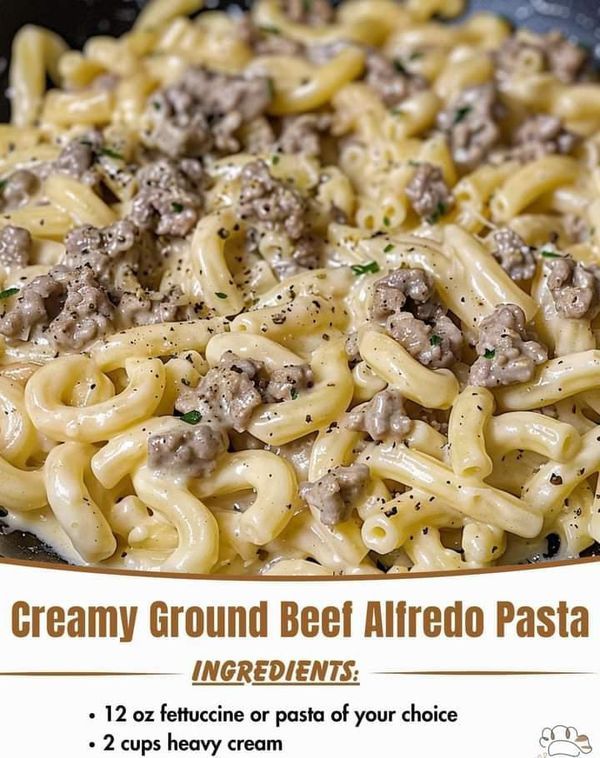 an advertisement for creamy ground beef alfredo pasta