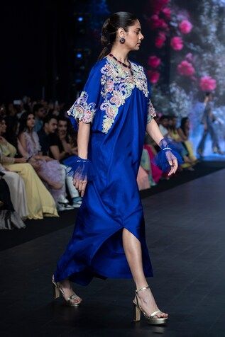 Blue silk kaftan featuring resham embroidered floral motifs, embellished by beads, sequins, pearls on a pleated flared silhouette, cut-out borders and side slits. Comes with inner tunic. - Aza Fashions Evening Kaftan With Dupatta, Bollywood Style Dresses With Floral Embroidery And Cape Sleeves, Bollywood Dresses With Floral Embroidery And Cape Sleeves, Eid Floral Embroidered Kaftan For Reception, Eid Reception Kaftan With Floral Embroidery, Summer Hand Embellished Designer Sets, Silk Kaftan With Floral Embroidery For Wedding, Bollywood Style Kaftan With Floral Embroidery For Party, Bollywood Style Floral Embroidery Kaftan For Party