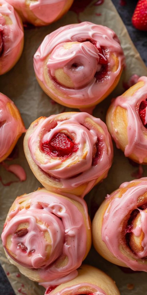 strawberry cream filled doughnuts with pink icing and strawberries on the side