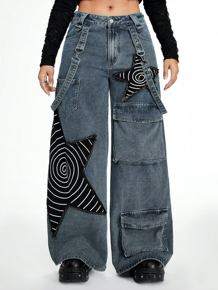 Women's Distressed Baggy Cargo Pants With Star Patches, Punk-Style Blue Casual   Denim Graphic,Letter,Textured Pattern Wide Leg Non-Stretch  Women Clothing, size features are:Bust: ,Length: ,Sleeve Length: Tops For Baggy Jeans Women, Punk Cute Outfits, Star Patches On Jeans, Baggy Jeans With Stars, Newspaper Pants Outfit, Harlem Pants Outfit, High End Streetwear Women, Custom Cargo Pants Ideas, Unique Pants Women