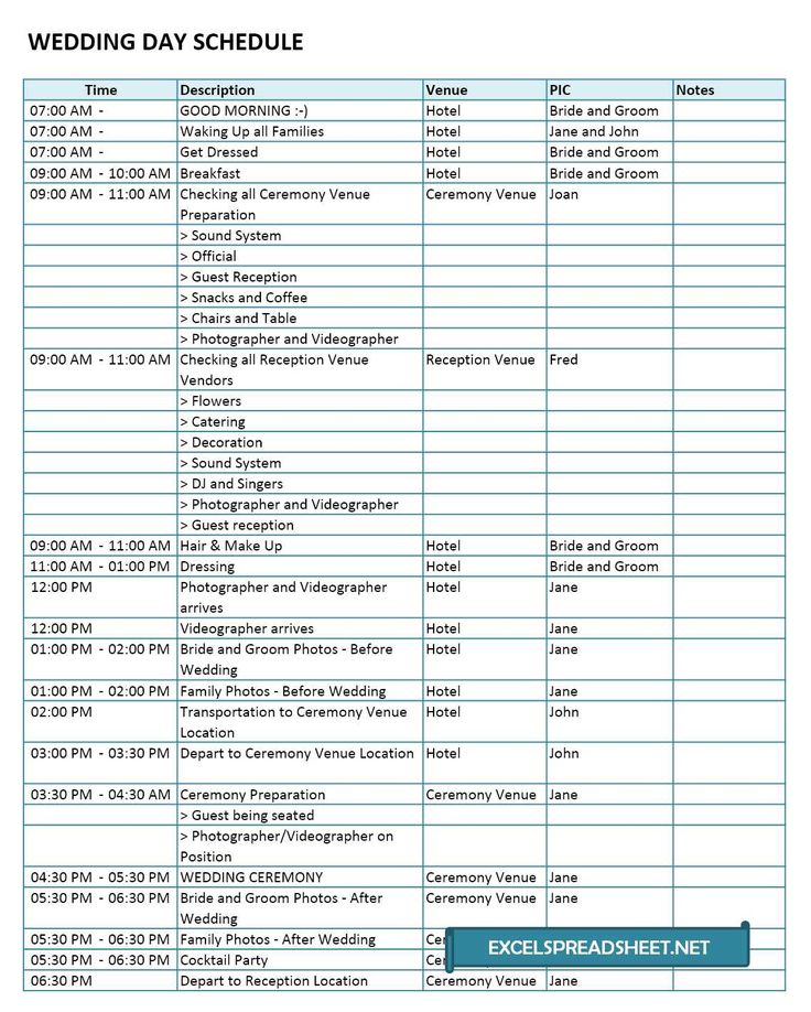 the wedding day schedule is shown in blue