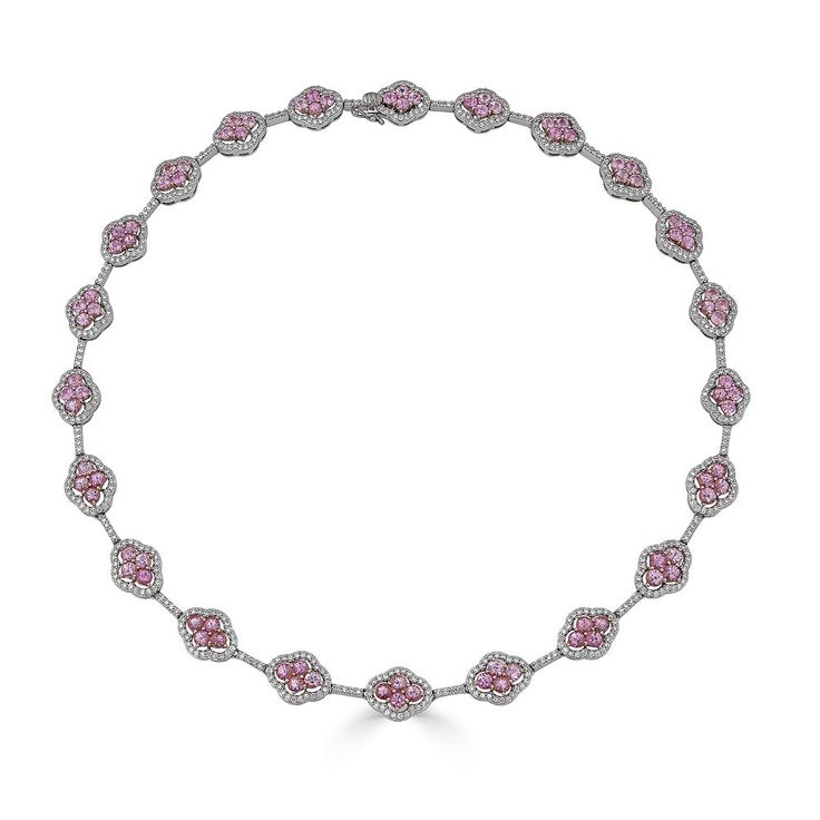 Approx. 12.50 carats Round Pink Sapphires Approx. 4.30 carats Round Diamonds Necklace Set in 18K White and Rose Gold Necklace length: 16.25 inches Luxury Oval Necklace With Rose Cut Diamonds, Luxury Oval Rose Cut Diamond Necklaces, Luxury Round Gemstone Tennis Necklace, Luxury Pink Necklaces With Brilliant Cut, Luxury Pink Necklace With Brilliant Cut, Formal Pink Diamond Necklace, Luxury Marquise Gemstone Necklaces, Luxury Marquise Gemstone Necklace, Pink Oval Jewelry With Pave Setting