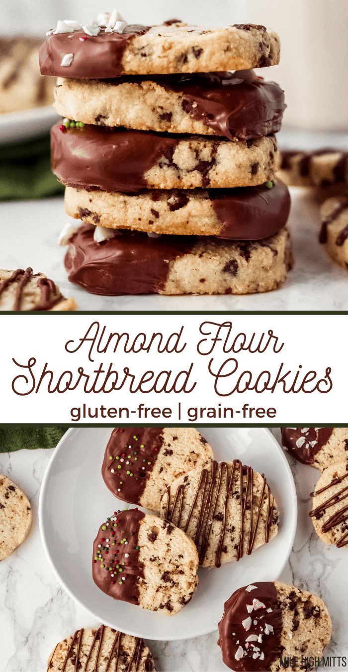 chocolate dipped shortbread cookies stacked on top of each other with the words, almond flour shortbread cookies gluten - free