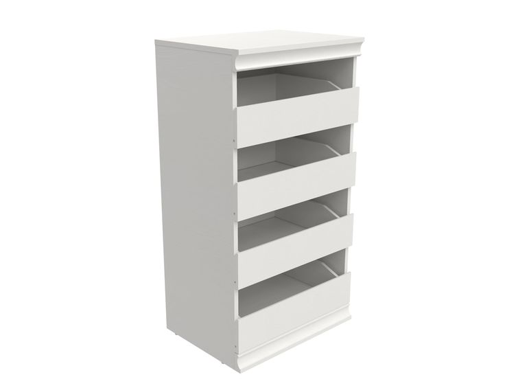 a white shelf with four shelves on each side and one drawer in the other end