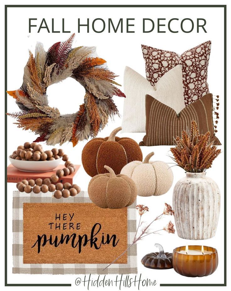 fall home decor with pumpkins, candles and other things to decorate for the holiday season