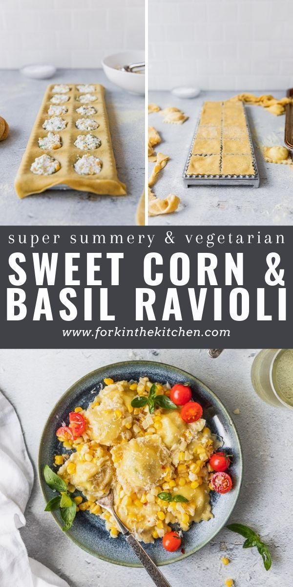 the ingredients to make sweet corn and basil ravioli are shown in this collage