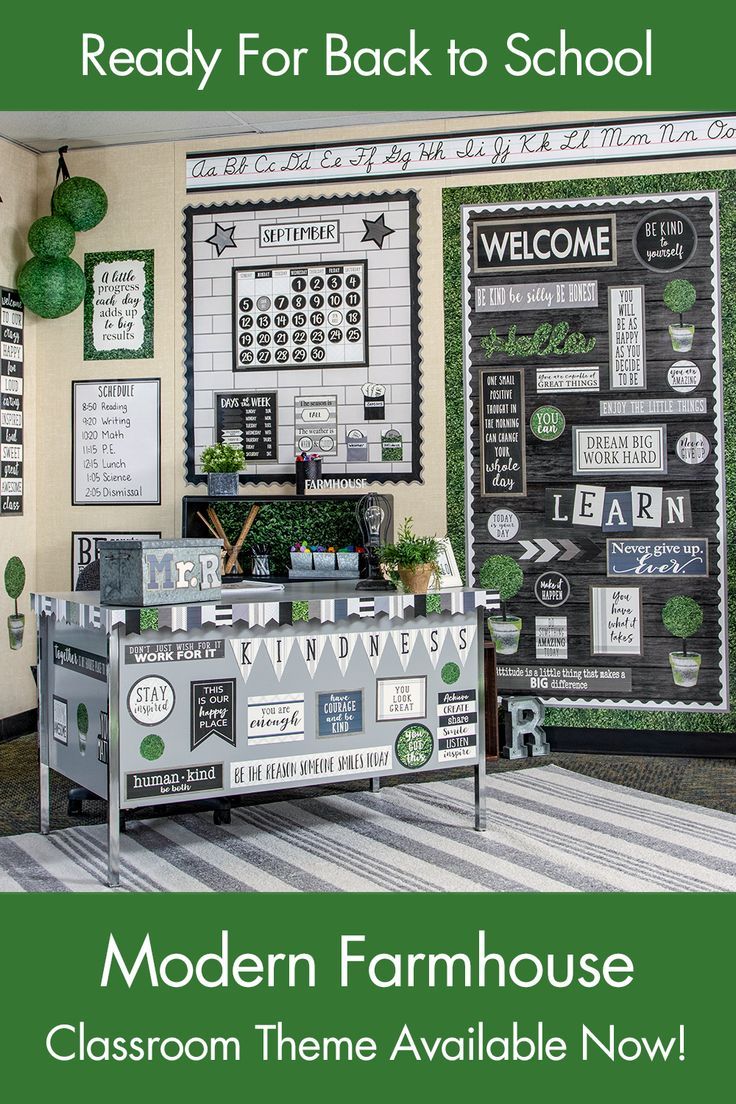 a classroom decorated in green and white with the text ready for back to school modern farmhousee classroom theme available now