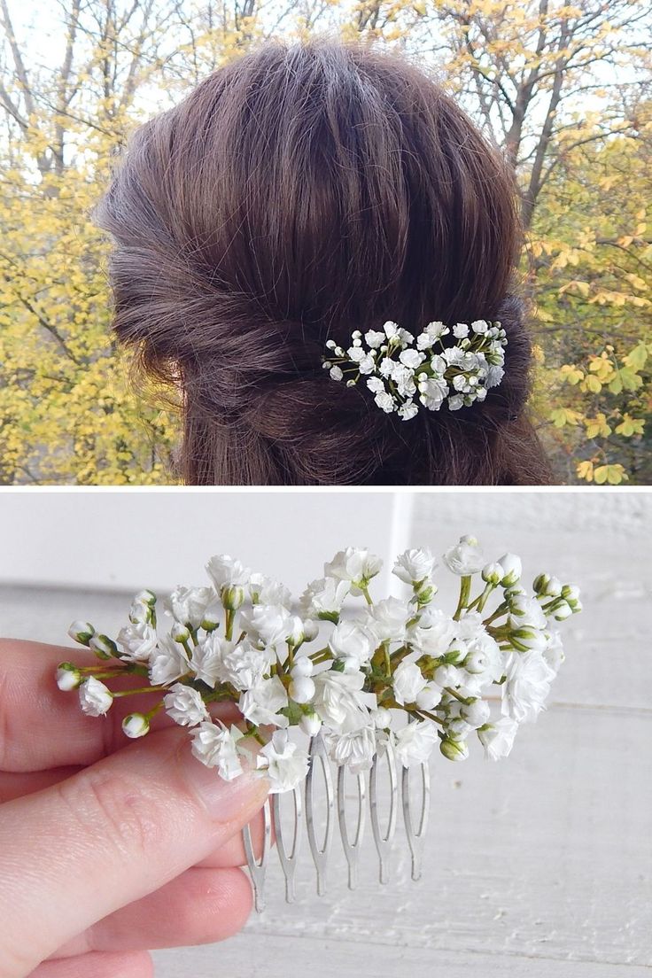 Flower hair comb with white flowers gypsophila (babys breath). Made of foam EVA material. The total length is 3.5'' (9 cm). Every flower detail and the assembly are carefully handmade done. #babysbreath #babybreath #hairstyle #hairaccessories Flower Clips For Hair Wedding, Small Flowers For Hair, Flower Hair Clip Wedding, Hairstyles With Gypsum Flowers, Baby Breath Hair Piece, White Flower Hair Accessories, Babies Breath Hairstyles, Wedding Hair Flower Comb, Diy Flower Hair Comb