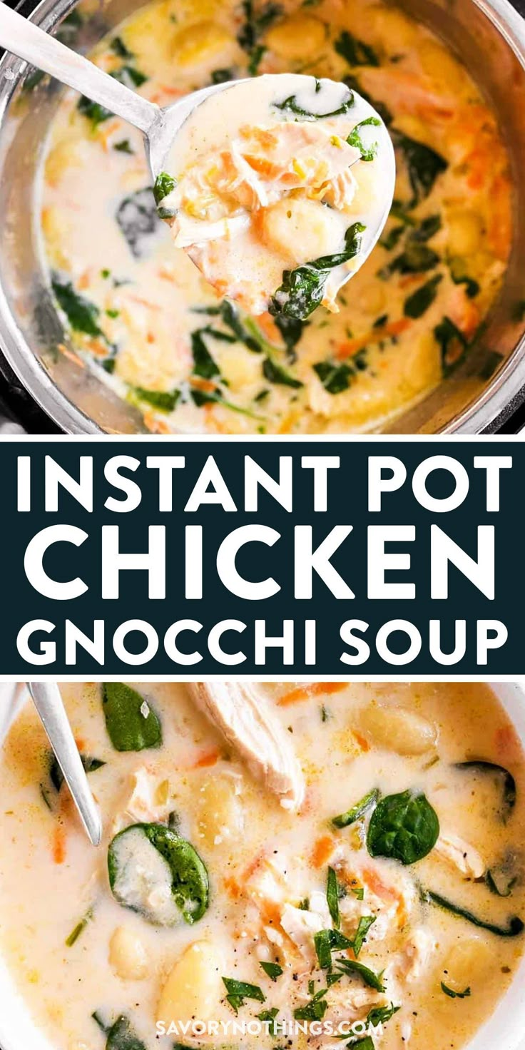 instant pot chicken gnocchi soup with spinach and cheese