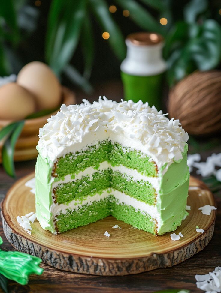 a green cake with white frosting on a wooden plate