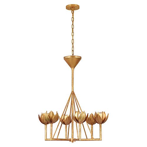 a gold chandelier with five lights hanging from the bottom and four petals on each end