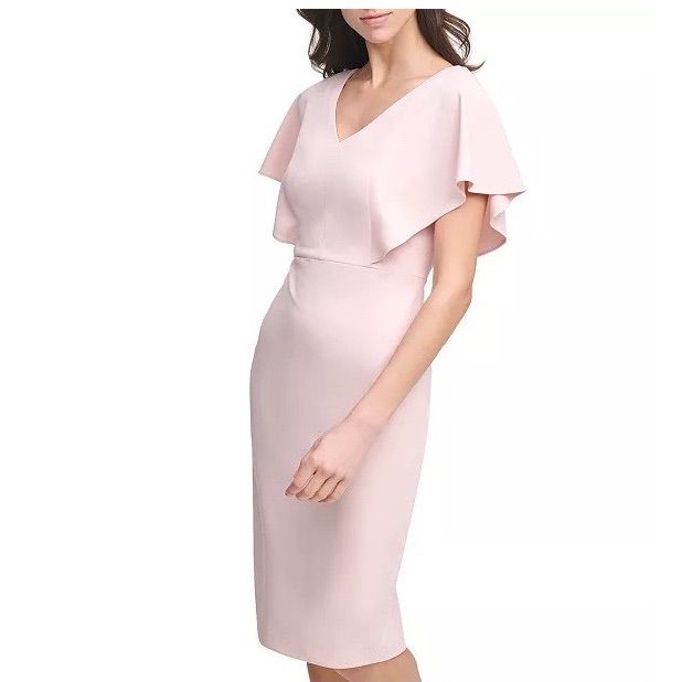 Kensie Dress Features Flowy Cape Sleeves Scuba Crepe Fabric That Is Both Stretchy & Supportive V-Neckline Sheath Silhouette Hidden Zipper Closure At Center Back Lined Color Is Blush Spring Sheath Dress In Elastane, Feminine V-neck Bodycon Dress For Formal Occasions, Formal Feminine V-neck Bodycon Dress, Spring Pink Elastane Midi Dress, Spring Pink Midi Dress, Pink Spring Midi Dress, Feminine V-neck Bodycon Evening Dress, V-neck Elastane Midi Dress, Cape Sleeve Dress