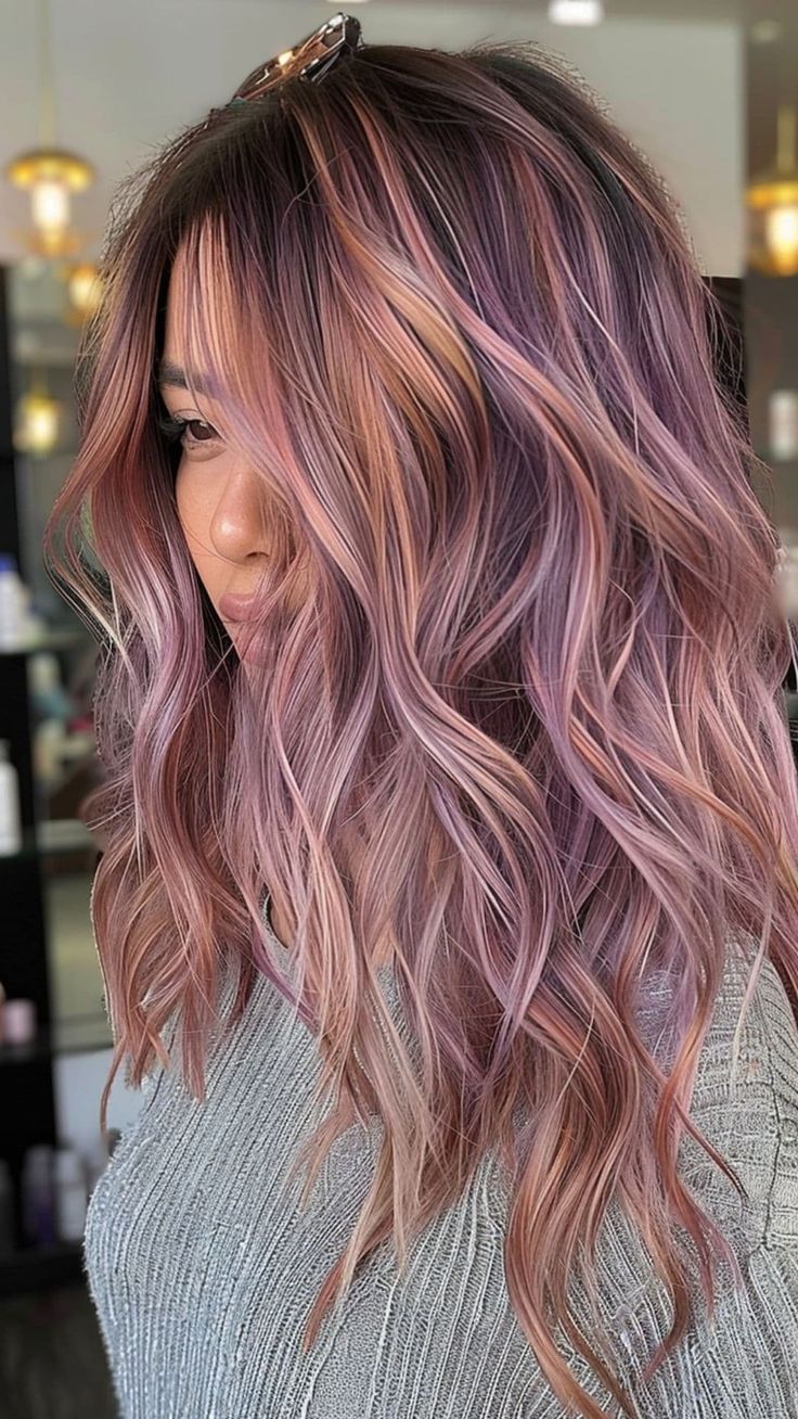 Balayage Hair With Purple, Lavender And Rose Gold Hair, Rose Gold Purple Hair, Light Brown Hair With Vivid Color, Copper And Lavender Hair, Brunette Lavender Hair, Lavender Brunette Hair, Purple And Rose Gold Hair, Blonde Purple Balayage