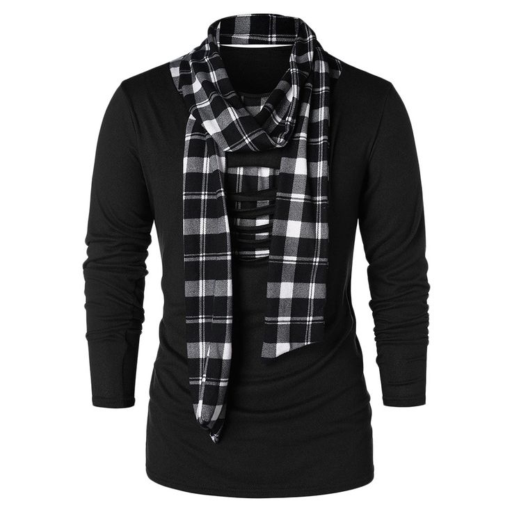 Scarf Collar Checked Print Destroyed T-shirt - Black - 3S06211217 - Men's Clothing, Men's Tops & T-Shirts, Men's T-Shirts  #MensTShirts #Men's #Clothing # #Men's #Tops #& #TShirts # #Men's #TShirts Plaid Clothing, Destroyed T Shirt, Pants Outfit Men, Fashion Site, Collar T Shirt, Cheap Mens Fashion, Winter Closet, African Clothing For Men, Plaid Outfits