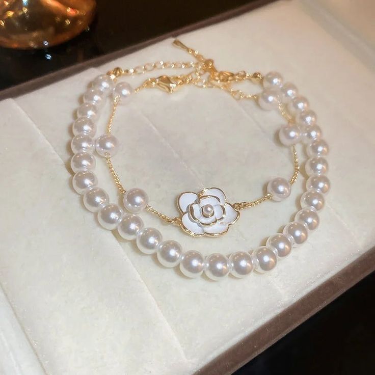 Dainty Pearl Chain Camellia Pendant Bracelet, Pearl Bracelet | HB1205