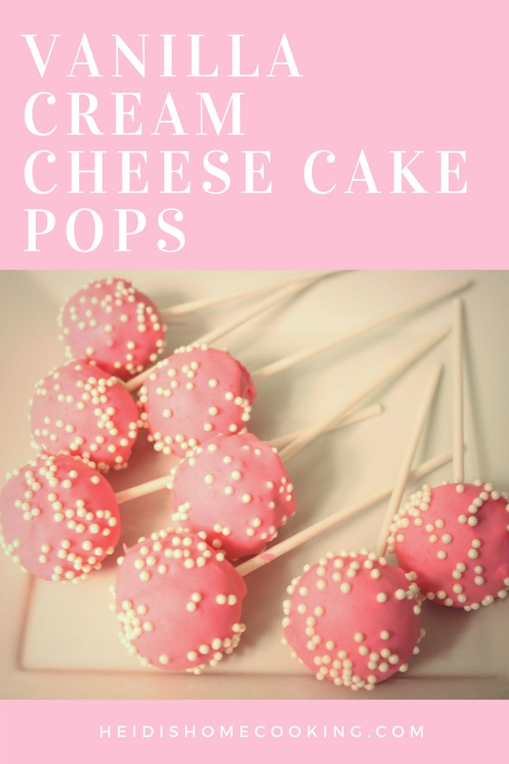 vanilla cream cheese cake pops on a white plate with pink and white sprinkles