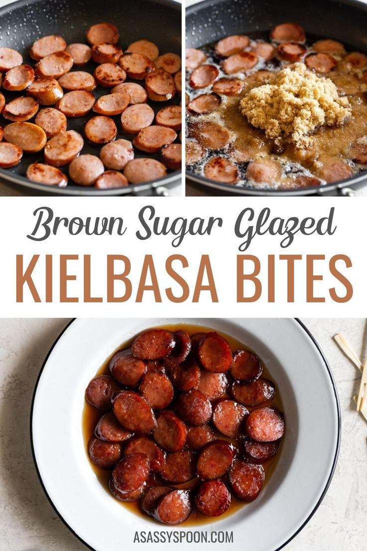 three pictures showing different kinds of kielbasa bites in a skillet with sauce