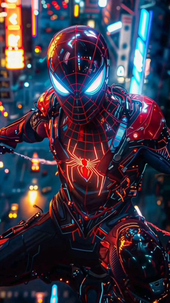 a man in a spider suit standing on top of a city at night with neon lights