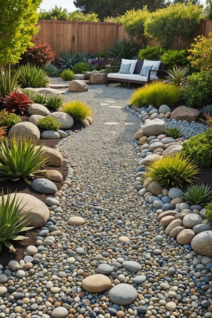 a garden with rocks and plants in the foreground, along with a bench on the other side