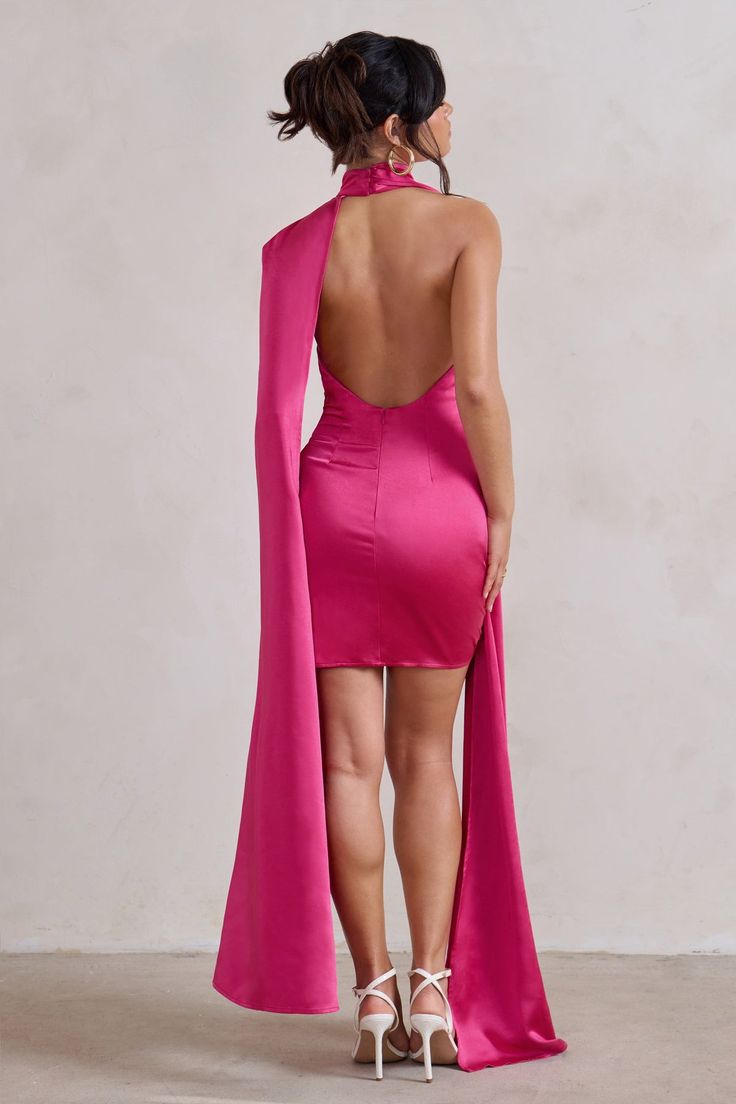 Laurelie Hot Pink Satin Statement Cape Design Mini Dress – Club L London - USA Elegant Cape, Black Tie Events, Fishtail Maxi Dress, Cape Designs, Velvet Prom Dress, Black Dress Prom, Black Tie Gala, Christmas Party Dress, Black Velvet Dress