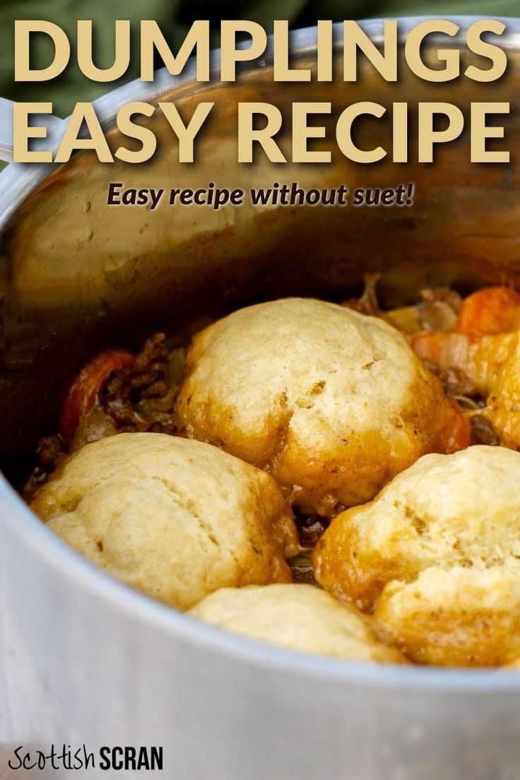 dumplings and easy recipe in a pot with text overlay