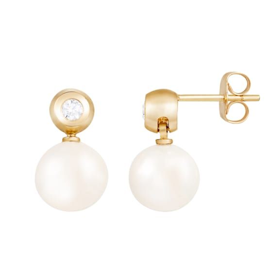 8-8.5mm White Cultured Freshwater Pearl 14k Yellow Gold Ball Earrings. Measure approximately 1/2"L x 1/4"W and have push back. Fine Jewelry Yellow Gold Hallmarked Pearl Earrings, Luxury Hallmarked Yellow Gold Pearl Earrings, Gold Ball Earrings, Luxury Yellow Gold Brass Pearl Earrings, Elegant 14k Gold-filled Pearl White Pearl Earrings, 14k Gold-filled Pearl White Earrings With Pearl Charm, Ball Earrings, Yellow Gold Earrings, Pearl Types