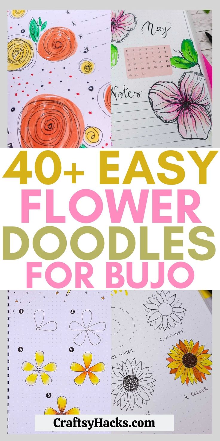 the words 40 easy flower doodles for bujo are shown in four different pictures