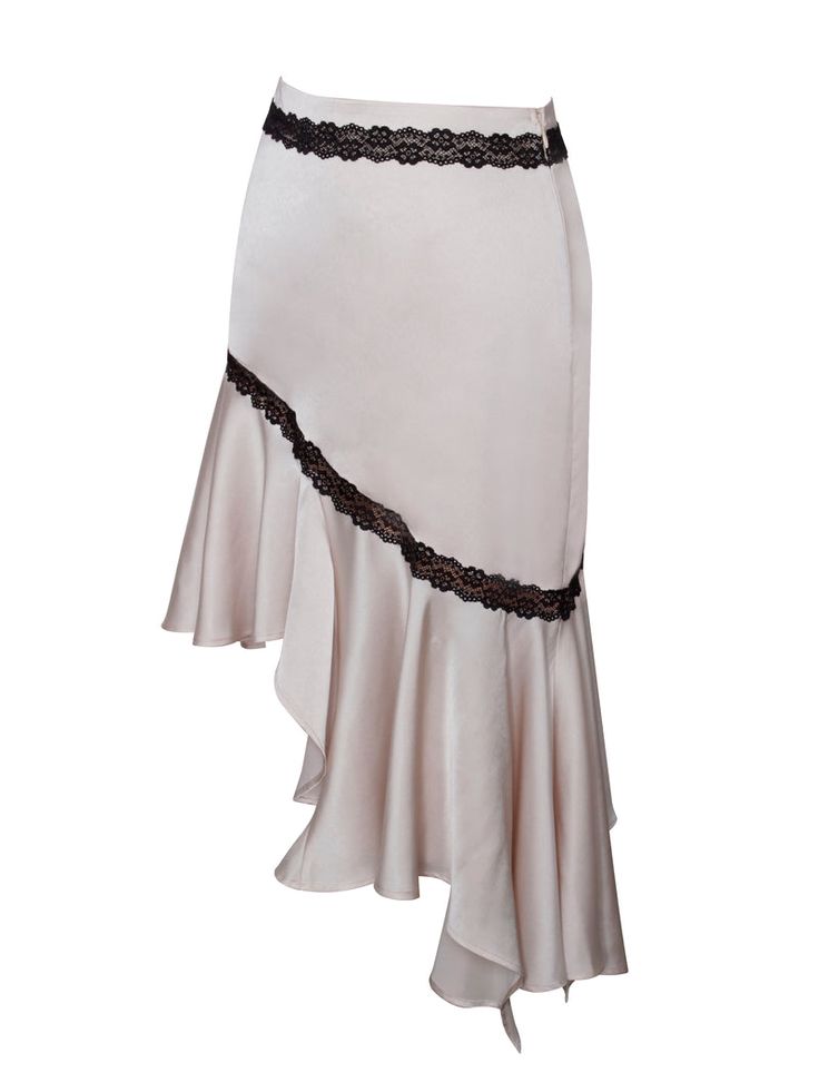 This beautiful asymmetrical midi skirt in beige features black contrast lace trimming. Body-con at the waist and hips, it boasts a lace trim running diagonally to a gracefully draped bias-cut satin ruffle. The invisible zipper at the side seam ensures a seamless fit. Crafted from soft double duchess satin, this midi is fully lined, and pairs effortlessly with the matching Yareli Beige Lace Trim Strappy Top (sold separately) for a chic two-piece set Beige Satin Skirt, Pinterest Wishlist, Junk Kouture, Walking Art, Asymmetrical Midi Skirt, Shapewear Tops, Duchess Satin, Bodysuit Blouse, Strappy Top