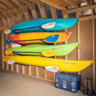 Garage Storage and Organizers | Garden Tool Organizers, Kayak Storage and Bike Wall Mounts House Amenities, Diy Kayak Storage, Kayak Hoist, Kayak Storage Garage, Boat Organization, Fishing Gear Storage, Lake Toys, Kayak Storage Rack, Bike Wall Mount